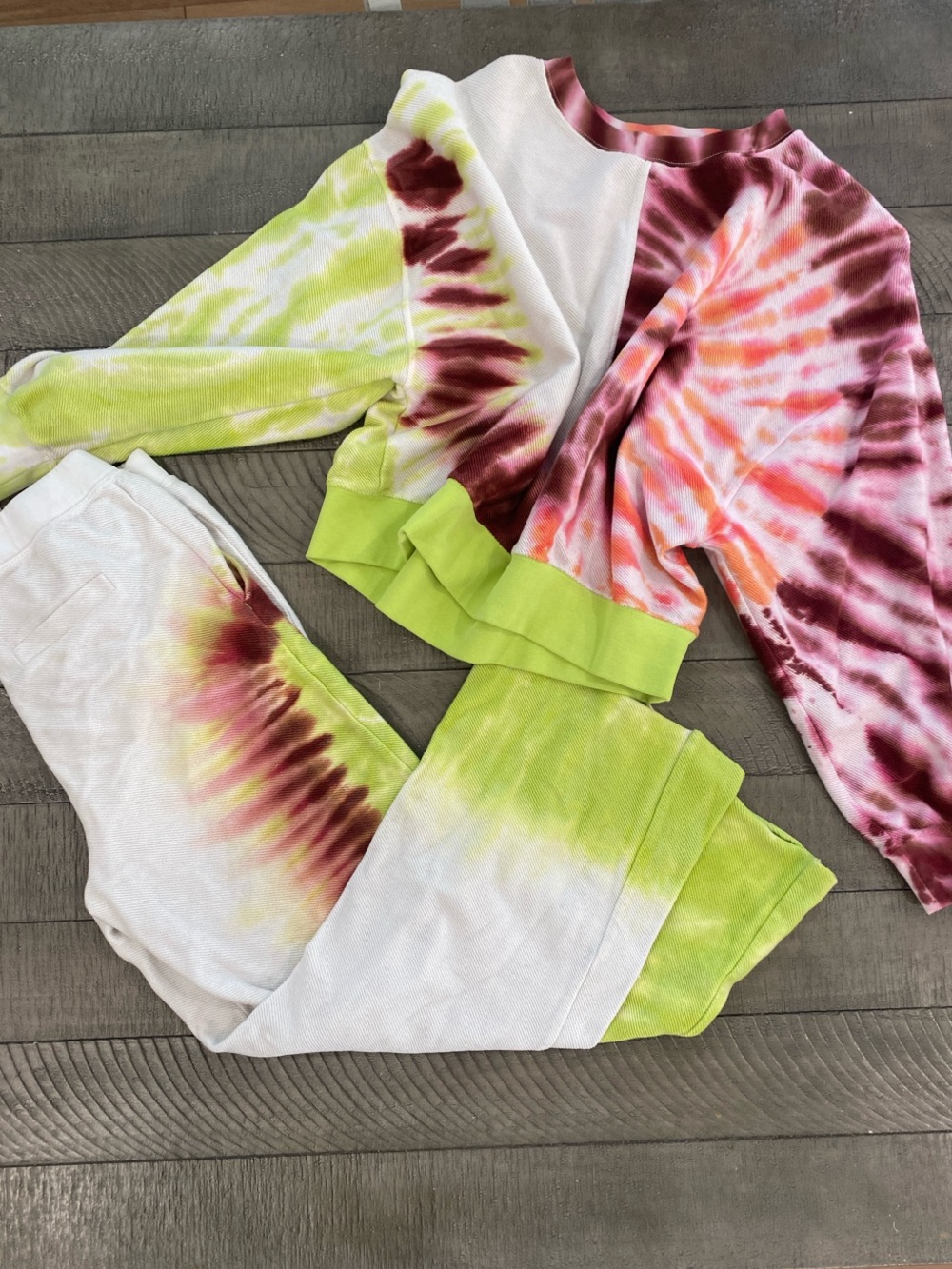 Something Navy Tie-Dye Crewneck & Jogger Set - Lime Green, Pink & Maroon